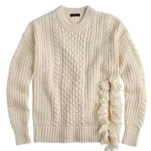 J. Crew Cable Knit Sweater with Side Slit Fringe Detail in Ivory Small J Crew